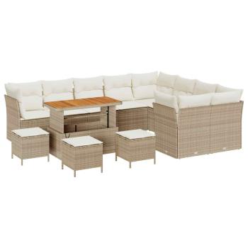 ARDEBO.de - 13-teiliges Garten-Sofa-Set mit Kissen Beige Poly Rattan Akazie, 4-teiliges Garten-Dining-Set mit Kissen Beige Poly Rattan Akazie