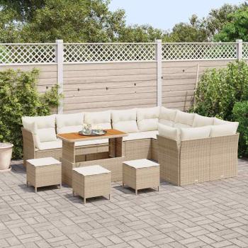 13-teiliges Garten-Sofa-Set mit Kissen Beige Poly Rattan Akazie, 4-teiliges Garten-Dining-Set mit Kissen Beige Poly Rattan Akazie