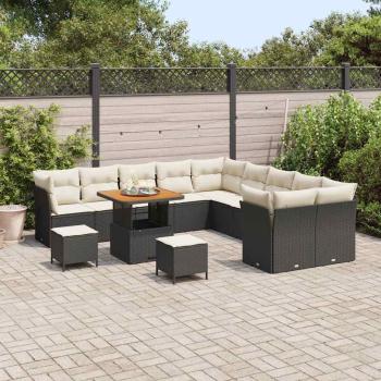 13-teiliges Garten Sofa Set mit Kissen Schwarz Poly Rattan Akazie, 3-teiliges Garten Ess-Set mit Kissen Schwarz Poly Rattan Akazie