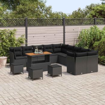 14-teiliges Garten Sofa Set mit Kissen Schwarz Poly Rattan Akazie, 4-teiliges Garten Esszimmer Set mit Kissen Schwarz Poly Rattan Akazie