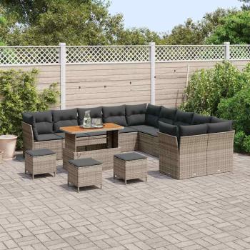 14-teiliges Garten Sofa Set mit Kissen Grau Poly Rattan Akazie, 4-teiliges Garten Esstisch Set mit Kissen Grau Poly Rattan Akazie