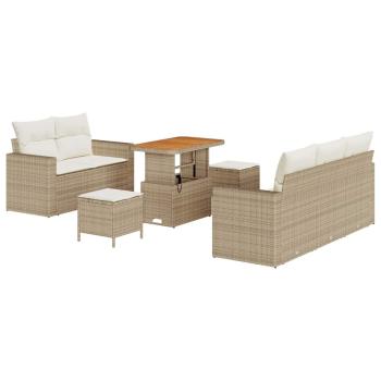 8-teiliges Garten Sofa Set mit Kissen Beige Poly Rattan Akazie, 3-teiliges Garten Esstisch Set mit Kissen Beige Poly Rattan Akazie