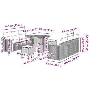 9-teiliges Garten-Sofa-Set mit Kissen Schwarz Poly-Rattan Akazie, 3-teiliges Garten-Dining-Set mit Kissen Schwarz Poly-Rattan Akazie
