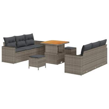 9-teiliges Garten Sofa Set mit Kissen Grau Poly Rattan Akazie, 3-teiliges Garten Ess Set mit Kissen Grau Poly Rattan Akazie