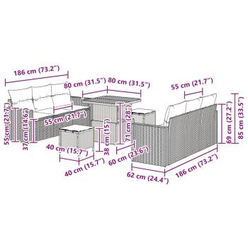 9-teiliges Garten Sofa Set mit Kissen Grau Poly Rattan Akazie, 3-teiliges Garten Ess Set mit Kissen Grau Poly Rattan Akazie