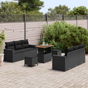 9-teiliges Garten Sofa Set mit Kissen Schwarz Poly Rattan Akazie, 3-teiliges Garten Essset mit Kissen Schwarz Poly Rattan Akazie