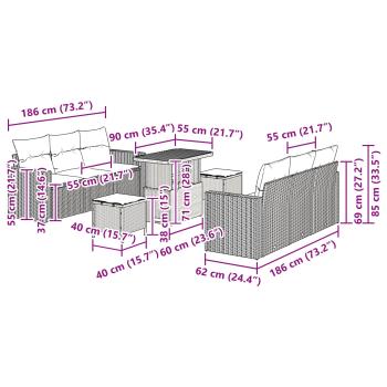 9-teiliges Garten Sofa Set mit Kissen Schwarz Poly Rattan Akazie, 3-teiliges Garten Essset mit Kissen Schwarz Poly Rattan Akazie
