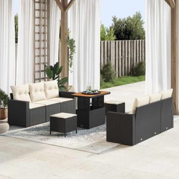 ARDEBO.de - 9-teiliges Garten-Sofa-Set mit Kissen schwarzes Poly-Rattan Akazie, 3-teiliges Garten-Ess-Set mit Kissen schwarzes Poly-Rattan Akazie