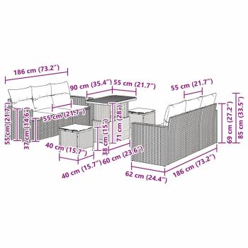 9-teiliges Garten-Sofa-Set mit Kissen schwarzes Poly-Rattan Akazie, 3-teiliges Garten-Ess-Set mit Kissen schwarzes Poly-Rattan Akazie
