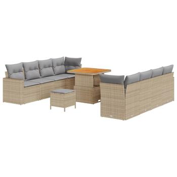 11-teiliges Garten Sofa Set mit Kissen Beige Poly Rattan Akazie, 3-teiliges Garten Essset mit Kissen Beige Poly Rattan Akazie