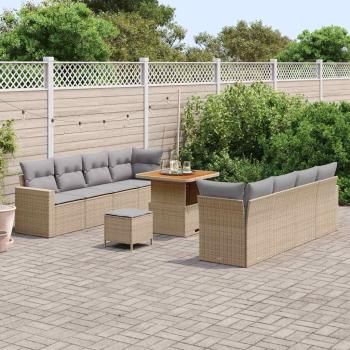 11-teiliges Garten Sofa Set mit Kissen Beige Poly Rattan Akazie, 3-teiliges Garten Essset mit Kissen Beige Poly Rattan Akazie