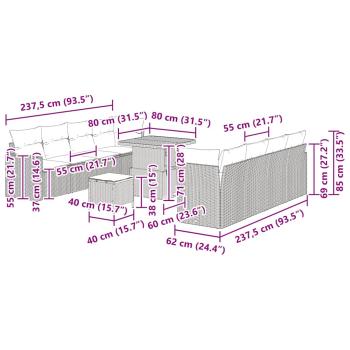 11-teiliges Garten Sofa Set mit Kissen Grau Poly Rattan Akazie, 3-teiliges Garten Esszimmer Set mit Kissen Grau Poly Rattan Akazie