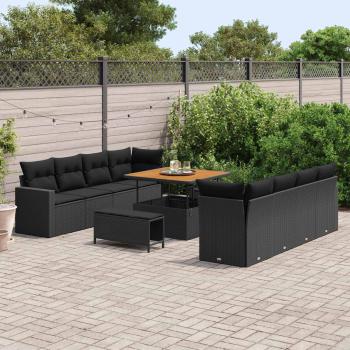 11-teiliges Garten-Sofa-Set mit Kissen Schwarz Poly-Rattan Akazie, 3-teiliges Garten-Dining-Set mit Kissen Schwarz Poly-Rattan Akazie