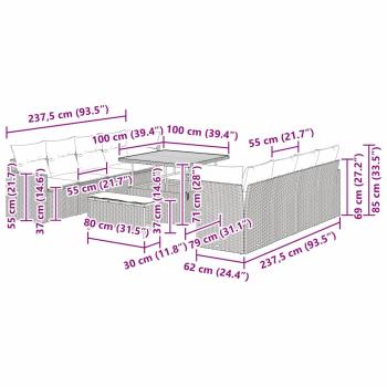 11-teiliges Garten Sofa Set mit Kissen Grau Poly Rattan Akazie, 3-teiliges Garten Esszimmer Set mit Kissen Grau Poly Rattan Akazie