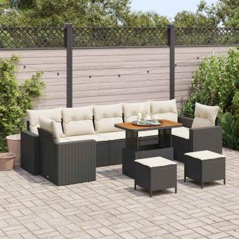 ARDEBO.de - 10tlg. Garten-Sofa-Set mit Kissen Schwarz Poly Rattan Akazie, 3tlg. Garten-Ess-Set mit Kissen Schwarz Poly Rattan Akazie