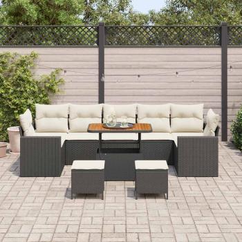 10tlg. Garten-Sofa-Set mit Kissen Schwarz Poly Rattan Akazie, 3tlg. Garten-Ess-Set mit Kissen Schwarz Poly Rattan Akazie