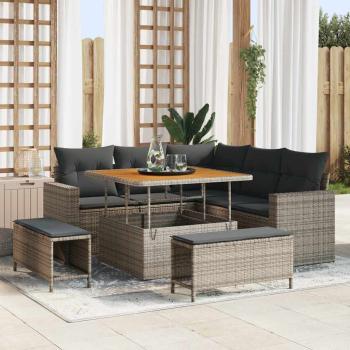 ARDEBO.de - 8-teiliges Garten-Sofa-Set mit Kissen Grau Poly-Rattan Akazie, 3-teiliges Garten-Ess-Set mit Kissen Grau Poly-Rattan Akazie