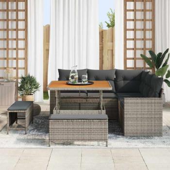 8-teiliges Garten-Sofa-Set mit Kissen Grau Poly-Rattan Akazie, 3-teiliges Garten-Ess-Set mit Kissen Grau Poly-Rattan Akazie
