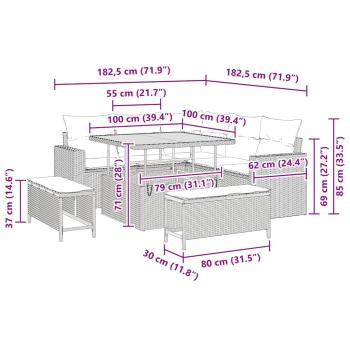 8-teiliges Garten-Sofa-Set mit Kissen Grau Poly-Rattan Akazie, 3-teiliges Garten-Ess-Set mit Kissen Grau Poly-Rattan Akazie