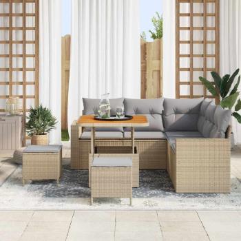 8-teiliges Garten-Sofa-Set mit Kissen Beige Poly Rattan Akazie, 3-teiliges Garten-Esszimmer-Set mit Kissen Beige Poly Rattan Akazie