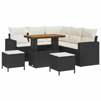 8-teiliges Garten-Sofa-Set mit Kissen, schwarzes Poly-Rattan, Akazie, 3-teiliges Garten-Ess-Set mit Kissen, schwarzes Poly-Rattan, Akazie