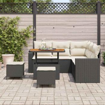 8-teiliges Garten-Sofa-Set mit Kissen, schwarzes Poly-Rattan, Akazie, 3-teiliges Garten-Ess-Set mit Kissen, schwarzes Poly-Rattan, Akazie