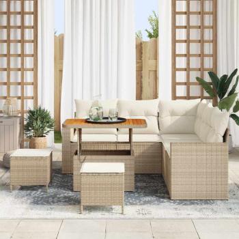 ARDEBO.de - 8-teiliges Garten Sofa Set mit Kissen Beige Poly Rattan Akazie, 3-teiliges Garten Esstisch Set mit Kissen Beige Poly Rattan Akazie