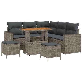 8-teiliges Garten Sofa Set mit Kissen Grau Poly Rattan Akazie, 3-teiliges Garten Esszimmer Set mit Kissen Grau Poly Rattan Akazie