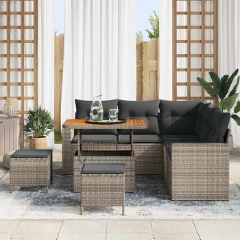 8-teiliges Garten Sofa Set mit Kissen Grau Poly Rattan Akazie, 3-teiliges Garten Esszimmer Set mit Kissen Grau Poly Rattan Akazie