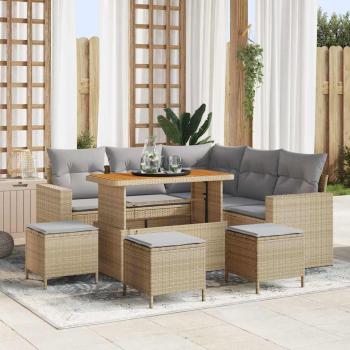 ARDEBO.de - 9-teiliges Garten Sofaset mit Kissen Beige Poly-Rattan Akazie, 4-teiliges Garten Essset mit Kissen Beige Poly-Rattan Akazie