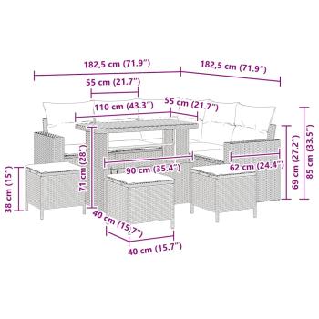 9-teiliges Garten Sofaset mit Kissen Beige Poly-Rattan Akazie, 4-teiliges Garten Essset mit Kissen Beige Poly-Rattan Akazie