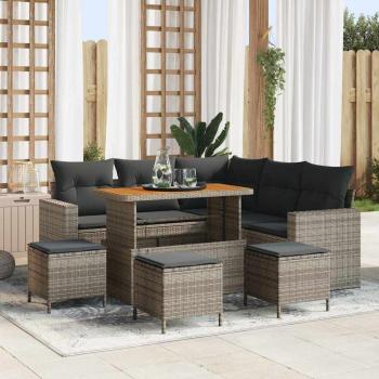 ARDEBO.de - 9-teiliges Garten Sofa Set mit Kissen Grau Poly Rattan Akazie, 4-teiliges Garten Essset mit Kissen Grau Poly Rattan Akazie
