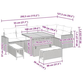 9-teiliges Garten Sofa Set mit Kissen Beige Poly Rattan Akazie, 3-teiliges Garten Esszimmer Set mit Kissen Beige Poly Rattan Akazie
