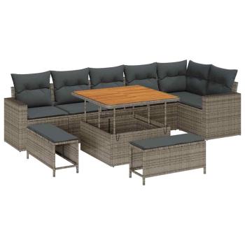 9-teiliges Garten Sofa Set mit Kissen Grau Poly Rattan Akazie, 3-teiliges Garten Essset mit Kissen Grau Poly Rattan Akazie