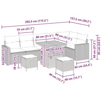 9-teiliges Garten-Sofa-Set mit Kissen Graues Poly-Rattan Akazie, 3-teiliges Garten-Dining-Set mit Kissen Graues Poly-Rattan Akazie