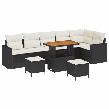 9-teiliges Garten Sofa Set mit Kissen Schwarz Poly Rattan Akazie, 3-teiliges Garten Essset mit Kissen Schwarz Poly Rattan Akazie