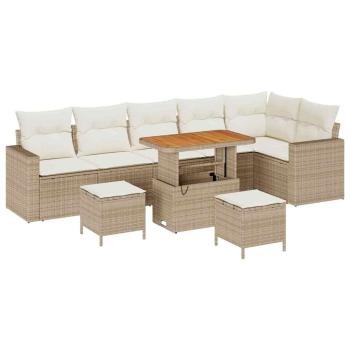 9-teiliges Garten Sofa Set mit Kissen Beige Poly Rattan Akazie, 3-teiliges Garten Ess-Set mit Kissen Beige Poly Rattan Akazie