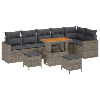 9-teiliges Garten-Sofa-Set mit Kissen Grau Poly-Rattan Akazie, 3-teiliges Garten-Ess-Set mit Kissen Grau Poly-Rattan Akazie