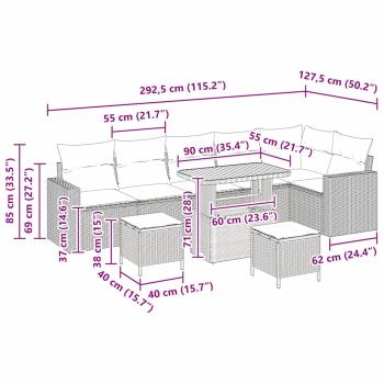 9-teiliges Garten-Sofa-Set mit Kissen Grau Poly-Rattan Akazie, 3-teiliges Garten-Ess-Set mit Kissen Grau Poly-Rattan Akazie