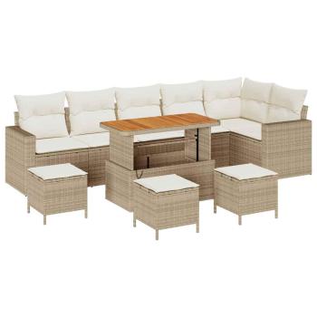 10-teiliges Garten Sofa Set mit Kissen Beige Poly Rattan Akazie, 4-teiliges Garten Essset mit Kissen Beige Poly Rattan Akazie