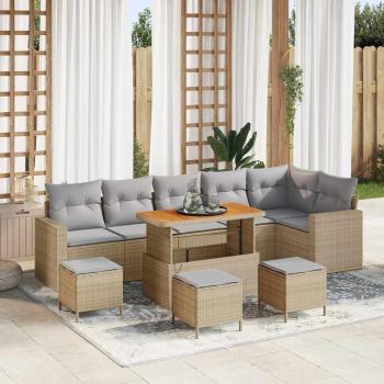 ARDEBO.de - 10-teiliges Gartensofa-Set mit Kissen Beige Poly Rattan Akazie, 4-teiliges Garten-Esszimmer-Set mit Kissen Beige Poly Rattan Akazie
