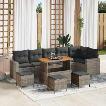 ARDEBO.de - 10-teiliges Garten Sofa Set mit Kissen Grau Poly Rattan Akazie, 4-teiliges Garten Esszimmer Set mit Kissen Grau Poly Rattan Akazie