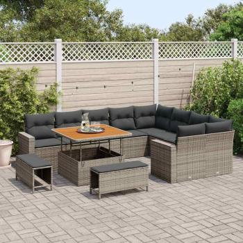12-teiliges Garten Sofa Set mit Kissen Grau Poly Rattan Akazie, 3-teiliges Garten Essset mit Kissen Grau Poly Rattan Akazie