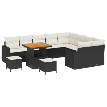 12-teiliges Garten Sofa Set mit Kissen Schwarz Poly Rattan Akazie, 3-teiliges Garten Esszimmer Set mit Kissen Schwarz Poly Rattan Akazie