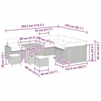 12-teiliges Garten-Sofa-Set mit Kissen Beigefarbenes Poly-Rattan Akazie, 3-teiliges Garten-Essgruppen-Set mit Kissen Beigefarbenes Poly-Rattan Akazie