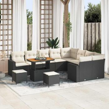 ARDEBO.de - 12-teiliges Garten Sofa Set mit Kissen Schwarz Poly Rattan Akazie, 3-teiliges Garten Esszimmer Set mit Kissen Schwarz Poly Rattan Akazie