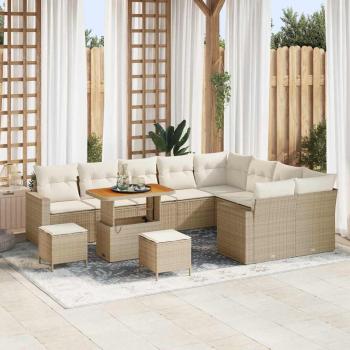 ARDEBO.de - 12-teiliges Garten Sofa Set mit Kissen in Beige Poly Rattan, 3-teiliges Garten Esstisch-Set mit Kissen in Beige Poly Rattan