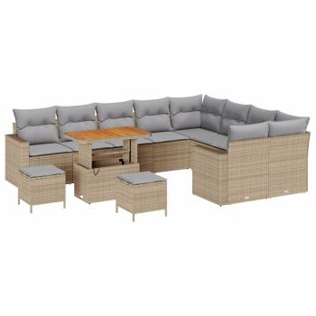 12-teiliges Garten-Sofa-Set mit Kissen Beige Poly Rattan Akazie, 3-teiliges Garten-Dining-Set mit Kissen Beige Poly Rattan Akazie