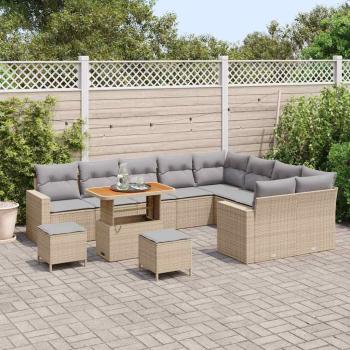 12-teiliges Garten-Sofa-Set mit Kissen Beige Poly Rattan Akazie, 3-teiliges Garten-Dining-Set mit Kissen Beige Poly Rattan Akazie