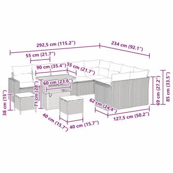 12-teiliges Garten-Sofa-Set mit Kissen Beige Poly Rattan Akazie, 3-teiliges Garten-Dining-Set mit Kissen Beige Poly Rattan Akazie